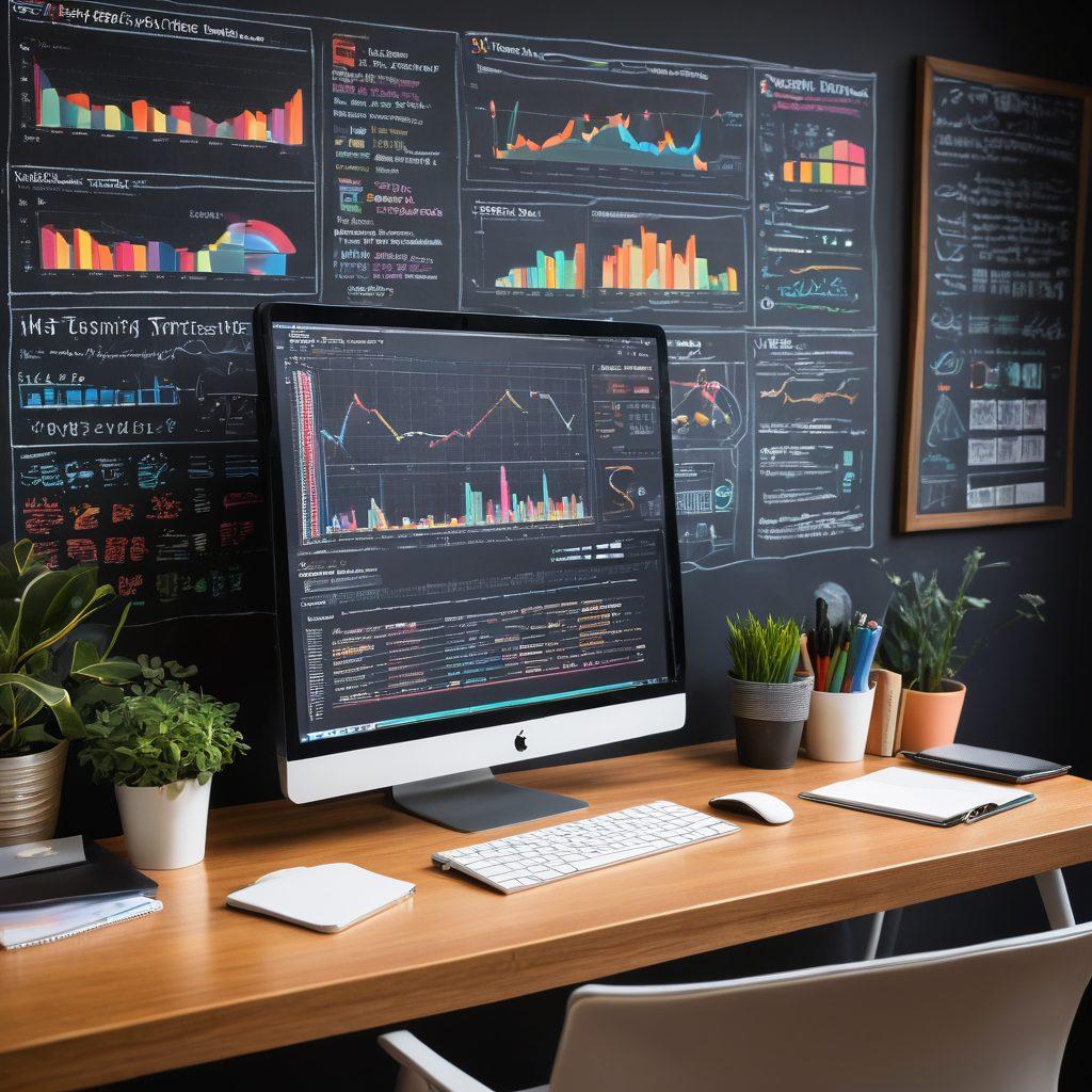 A sleek, organized workspace featuring a computer screen displaying analytics graphs and hosting metrics. In the background, there's a chalkboard filled with creative blog optimization strategies. Soft lighting illuminates the scene, creating an inspiring atmosphere for aspiring bloggers. Elements like coffee cups and notebooks add a personal touch. digital art. vibrant colors. modern style.