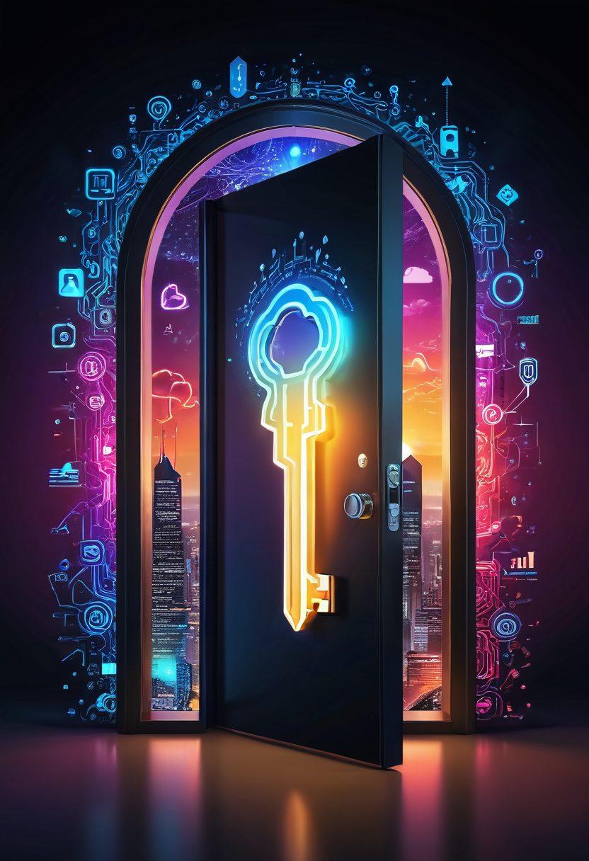 A glowing key unlocking a digital door adorned with SEO symbols like graphs, keywords, and links, surrounded by a vibrant landscape of interconnected blogs and websites. The background features a futuristic skyline representing digital growth. The overall tone is inspiring and dynamic, emphasizing the journey to success through SEO. super-realistic. vibrant colors. 3D.