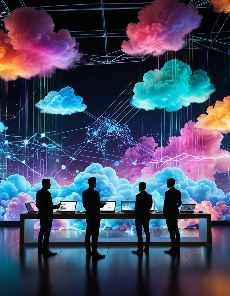 A futuristic digital landscape showcasing a diverse team collaborating on content management and cloud services, surrounded by glowing data streams and holographic displays of website analytics. The backdrop features cloud motifs and interconnected nodes symbolizing online presence. Include dynamic elements like charts and graphs in motion, representing growth. super-realistic. vibrant colors. 3D.